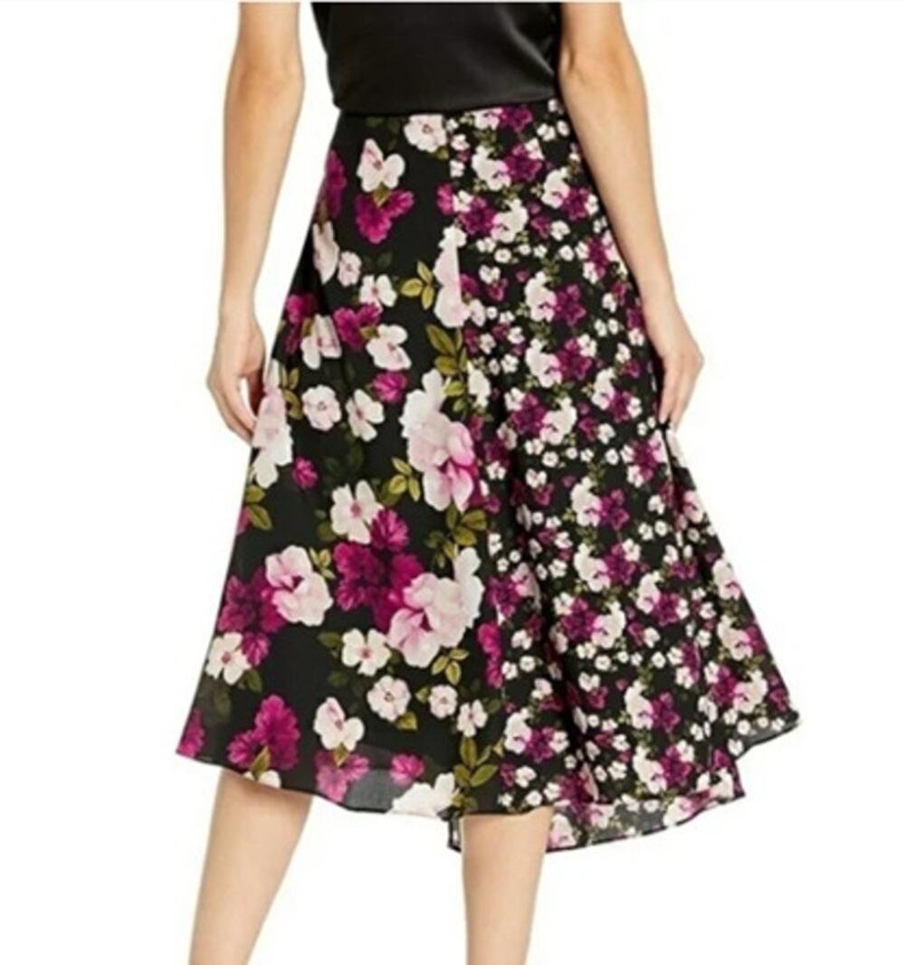 Calvin Klein Floral Faux Wrap A-Line Midi Skirt Black Pink White Women’s 18W